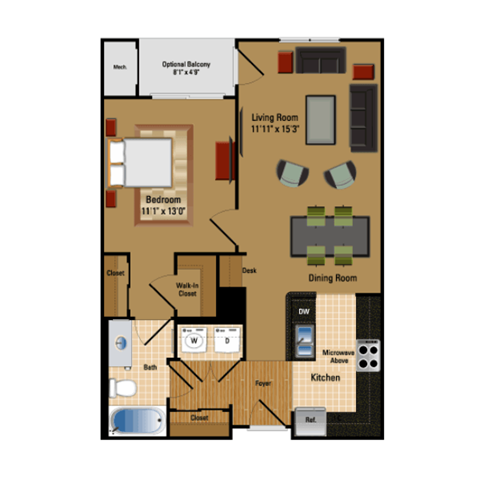 Floor plan for 1 bed, 1 bath, 768 sqft