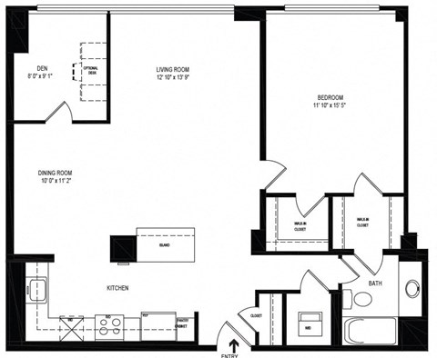 Floor plan for 1 bed, 1 bath, 957 sqft