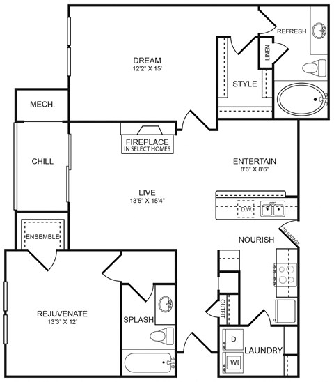 Floor plan for 2 beds, 2 baths, 1124 sqft