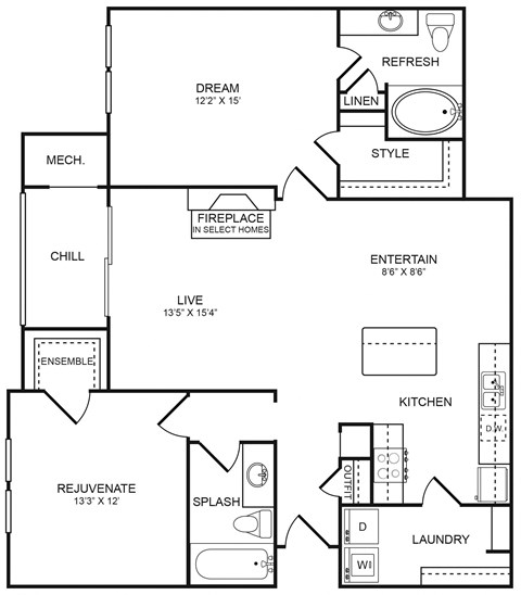Floor plan for 2 beds, 2 baths, 1177 sqft