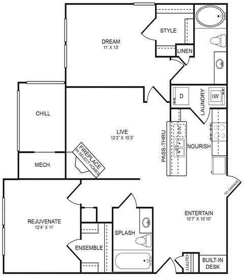 Floor plan for 2 beds, 2 baths, 1020 sqft