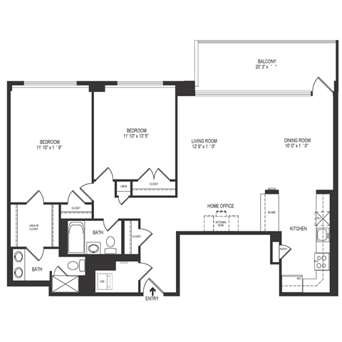 Floor plan for 2 beds, 2 baths, 1293 sqft