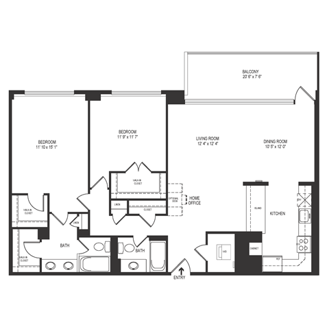 Floor plan for 2 beds, 2 baths, 1300 sqft