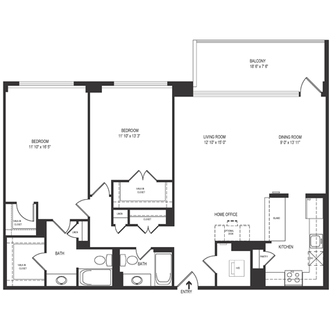 Floor plan for 2 beds, 2 baths, 1310 sqft