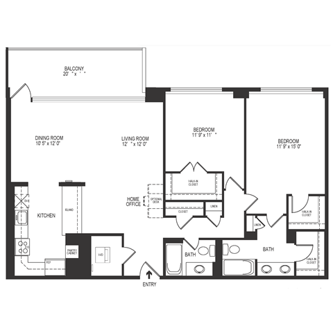 Floor plan for 2 beds, 2 baths, 1323 sqft