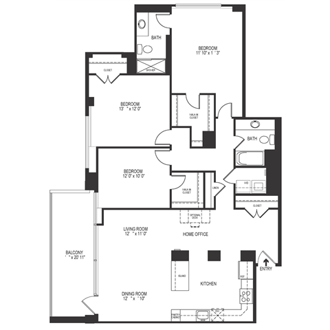 Floor plan for 2 beds, 2 baths, 1457 sqft
