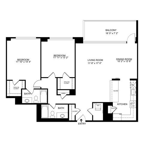 Floor plan for 2 beds, 2 baths, 1223 sqft