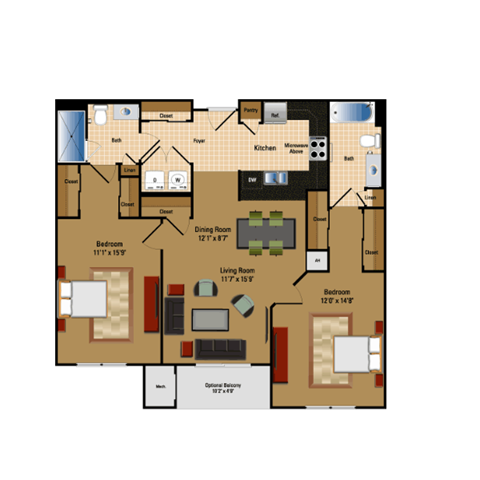 Floor plan for 2 beds, 2 baths, 1072 sqft