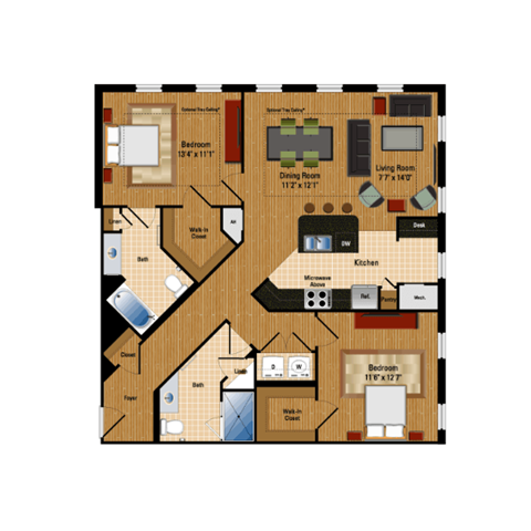 Floor plan for 2 beds, 2 baths, 1101 sqft