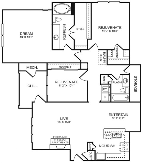 Floor plan for 3 beds, 2 baths, 1419 sqft