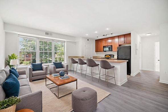 Arlington apartment for rent - A living room with a grey sofa and a coffee table.