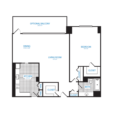 Floor plan for 1 bed, 1 bath, 960 sqft