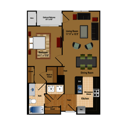 Floor plan for 1 bed, 1 bath, 713 sqft