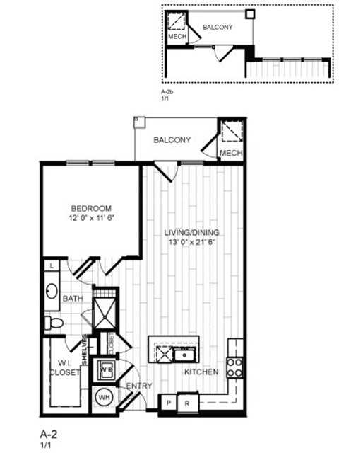 Floor plan for 1 bed, 1 bath, 803 sqft