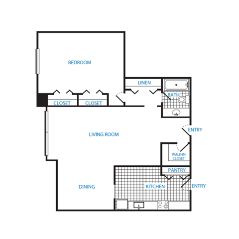 Floor plan for 1 bed, 1 bath, 929 sqft