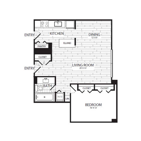 Floor plan for 1 bed, 1 bath, 929 sqft