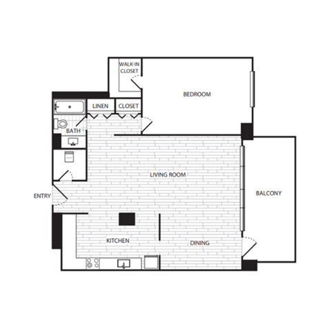 Floor plan for 1 bed, 1 bath, 914 sqft