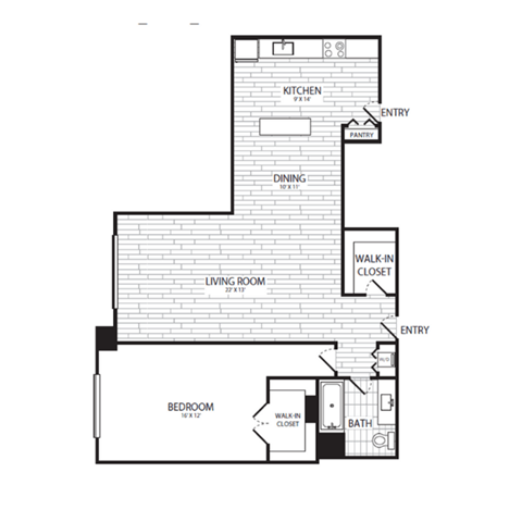 Floor plan for 1 bed, 1 bath, 916 sqft