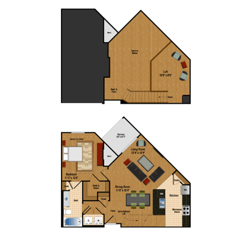 Floor plan for 1 bed, 1 bath, 854 sqft
