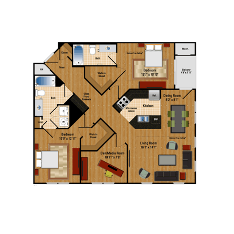 Floor plan for 2 beds, 2 baths, 1196 sqft