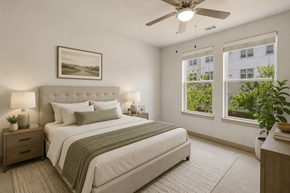 Herndon apartment for rent - A bedroom with a large bed, a ceiling fan, and a window with a view of a building and trees outside.