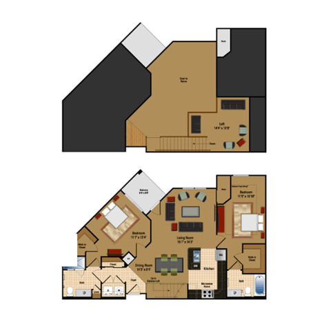 Floor plan for 2 beds, 2 baths, 1226 sqft