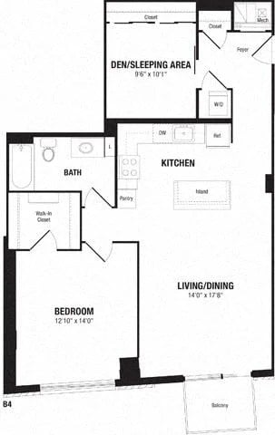 Floor plan for 1 bed, 1 bath, 980 sqft