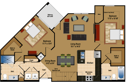 Floor plan for 2 beds, 2 baths, 1090 sqft