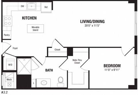 Floor plan for 1 bed, 1 bath, 732 sqft