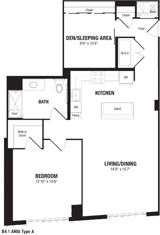 Floor plan for 1 bed, 1 bath, 980 sqft