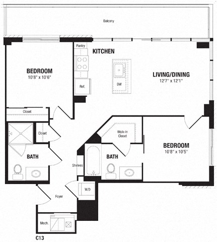 Floor plan for 2 beds, 2 baths, 858 sqft