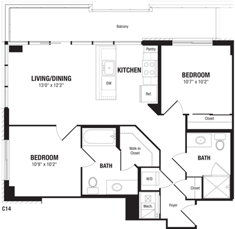 Floor plan for 2 beds, 2 baths, 841 sqft