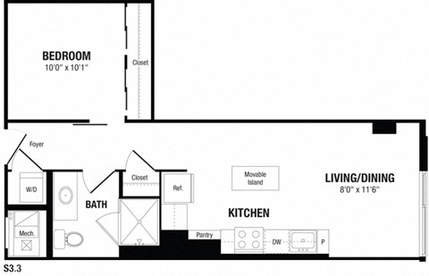 Floor plan for studio, 1 bath, 568 sqft