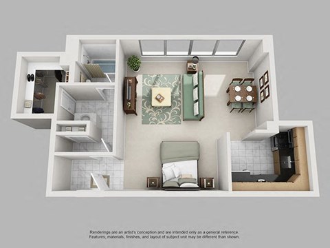 Floor plan for studio, 1 bath, 593 sqft