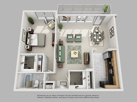 Floor plan for 1 bed, 1 bath, 847 sqft