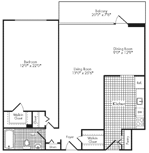Floor plan for 1 bed, 1 bath, 1051 sqft