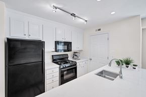Arlington apartment for rent - A black refrigerator is on the left in a white kitchen.