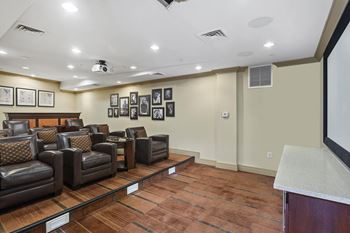 Home theater with full sized leather recliner chairs for private viewings 
