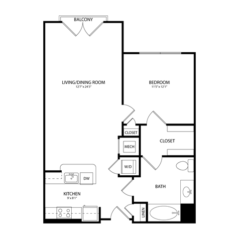 Floor plan for 1 bed, 1 bath, 761 sqft