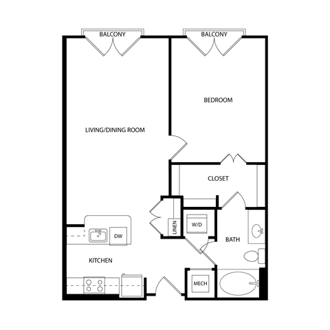 Floor plan for 1 bed, 1 bath, 766 sqft