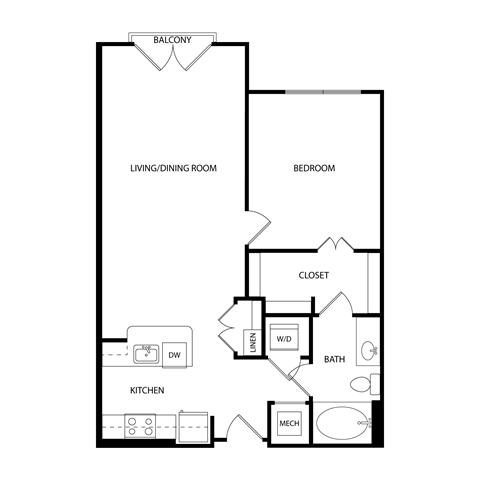 Floor plan for 1 bed, 1 bath, 768 sqft