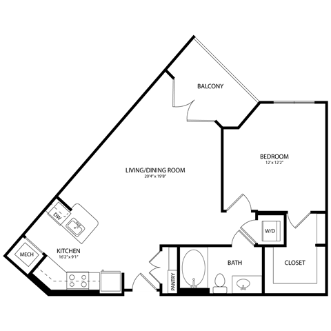 Floor plan for 1 bed, 1 bath, 738 sqft