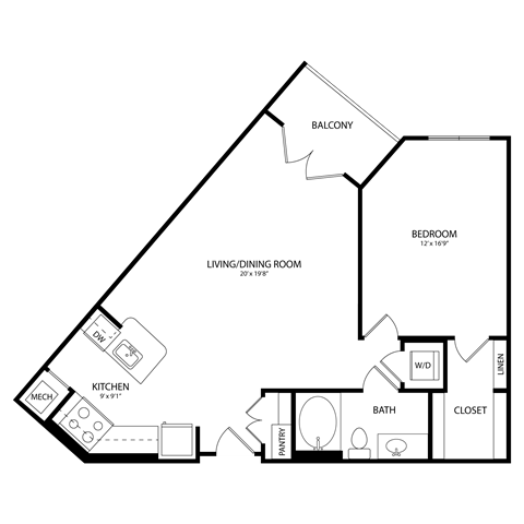 Floor plan for 1 bed, 1 bath, 847 sqft