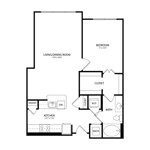 Floor plan for 1 bed, 1 bath, 799 sqft
