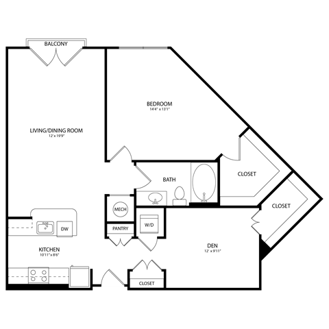 Floor plan for 1 bed, 1 bath, 951 sqft