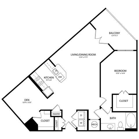 Floor plan for 1 bed, 1 bath, 1023 sqft