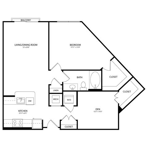 Floor plan for 1 bed, 1 bath, 966 sqft