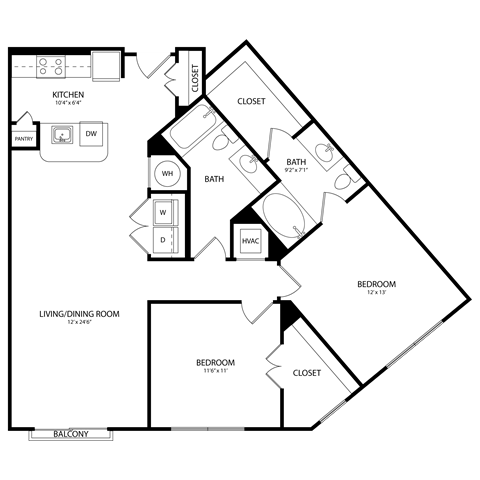 Floor plan for 2 beds, 2 baths, 1094 sqft