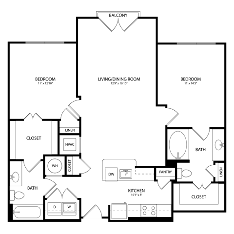 Floor plan for 2 beds, 2 baths, 1122 sqft