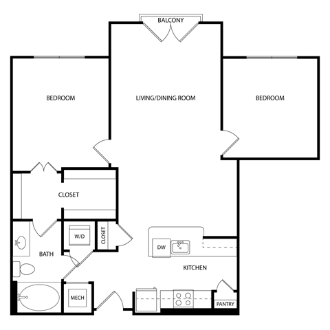 Floor plan for 2 beds, 1 bath, 964 sqft